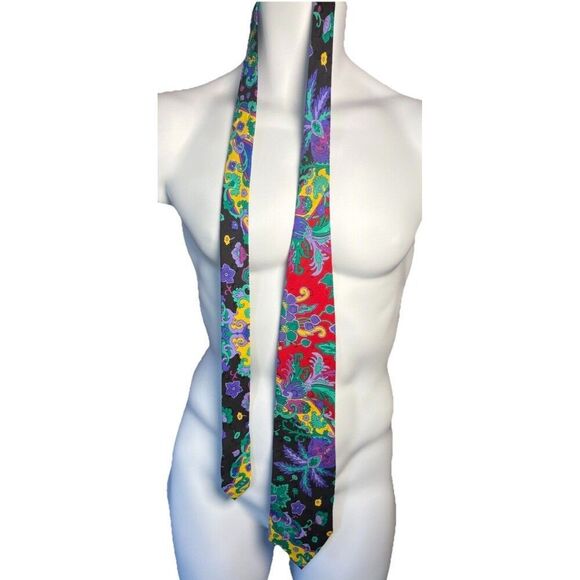 Vtg V2 Versace Mens Black Red Purple Floral Silk Tie 3.75